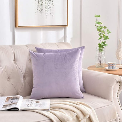 Set of 2 Soft Velvet Throw Pillow Covers, Decorative Solid Cushion Cases for Sofa Couch and Bed - 20"x20", Lavender