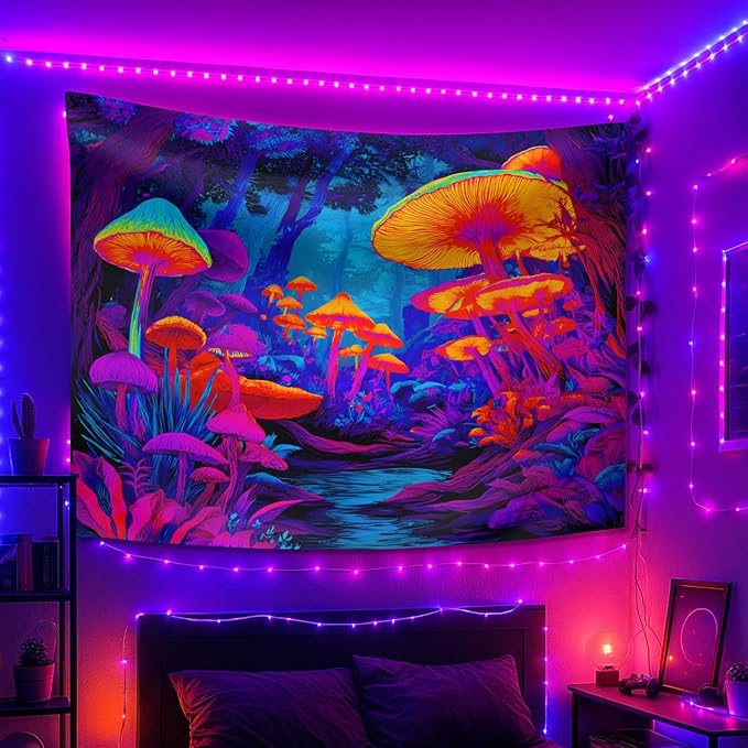 seewan Black Light Fantasy Mushroom Tapestry, Glow-in-the-Dark UV Neon Magic Forest Wall Hanging, Psychedelic Fantasy Nature Art Tapestry, Bedroom Dorm Living Room Background Decor