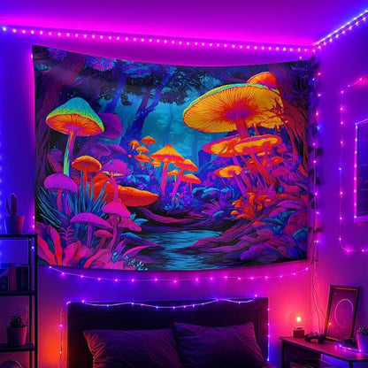 seewan Black Light Fantasy Mushroom Tapestry, Glow-in-the-Dark UV Neon Magic Forest Wall Hanging, Psychedelic Fantasy Nature Art Tapestry, Bedroom Dorm Living Room Background Decor