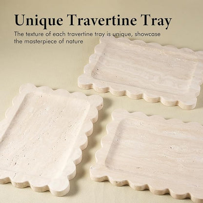 Koville Romano Travertine Tray, 11"x8" Natural Marble Scalloped Tray for Jewelry Cosmetics Perfume Trinket, Stone Vanity Tray for Countertop Bathroom Kitchen Dresser, Travertine Decor(Beige)