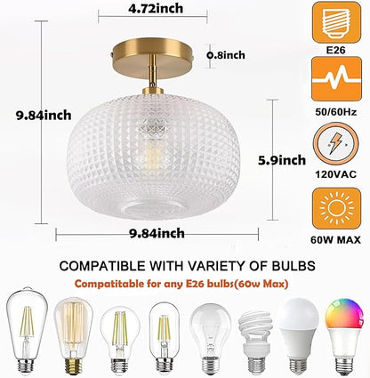 Gold Semi Flush Mount Ceiling Light Fixture,Hallway Light Fixtures,Industrial Close to Ceiling Mount,Globe Glass Ceiling Fixture,Vintage Ceiling Lamp,Farmhouse Lighting for Bathroom Entryway Bedroom