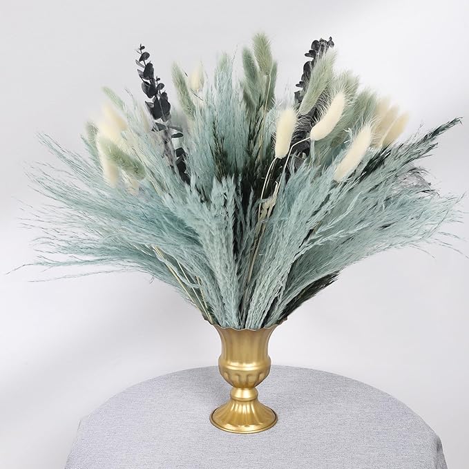 N&T NETING 100Pcs Grey Pampas Grass Decor Natural Dried - Gray Pampas Grass Bunny Tails Eucalyptus Leaves Gray Flowers for Centerpieces Rustic Living Room Home Wedding Boho Modern Decor(17.5 Inch)