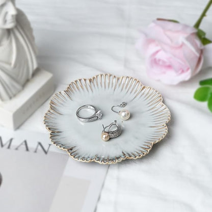 Ceramic Jewelry Dish, Decorative Tray for Rings Earrings Necklaces Bracelet Watch Keys, 4.50" Trinket Tray as Gifts for Women (Reactive Flower)