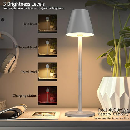 2-Pack Cordless Table Lamps - 5000mAh Rechargeable Battery Operated Desk Lamp, 3-Level Dimmable LED Night Light for Bedroom, Dining, Restaurant - Metal Design (White 2-Pack)