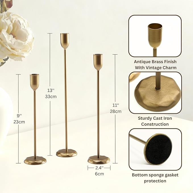 Perfnique Brass Candlestick Holders Set of 3 - Antique Gold Iron Candle Holders for Christmas, Birthday, Wedding, Party, Dining Table, Fireplace Mantel Decor