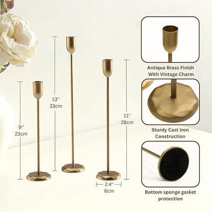 Perfnique Brass Candlestick Holders Set of 3 - Antique Gold Iron Candle Holders for Christmas, Birthday, Wedding, Party, Dining Table, Fireplace Mantel Decor