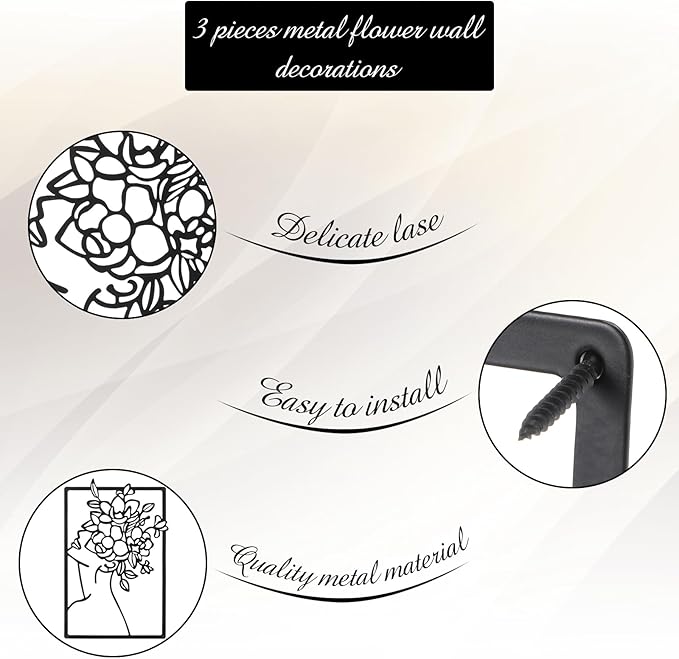 CHENGU 3 Pieces Metal Minimalist Abstract Woman Wall Art Line Drawing Wall Art Decor Single Line Female Home Hanging for Kitchen Bathroom Living Room