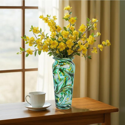 Blown Glass Green vase, Green Home Decorations, Modern Art Wide Mouth vase for Living Room Dining Table Coffee Table entryway TV Cabinet nightstand Centerpiece.