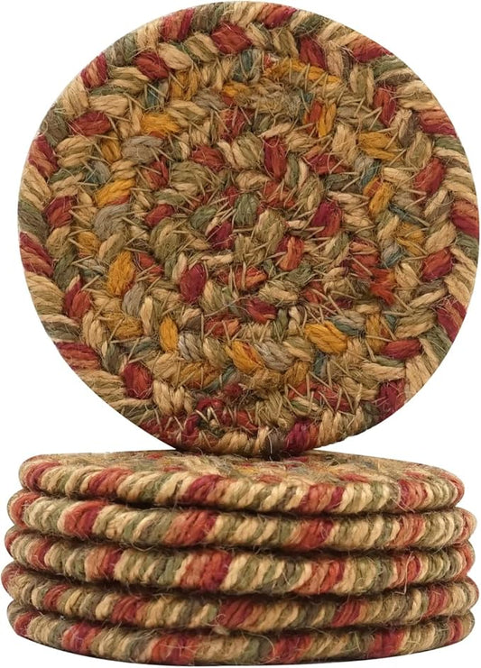 Homespice Harvest Braided Jute Coasters 4", Warm Country Decor, Set of 6, Multicolor - Durable, Absorbs Moisture, Easy to Clean and Protects Furniture