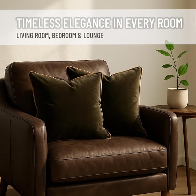 2 Pack Polyester Decorative Throw Pillow Covers, 12"x20", Green and Camel, Solid, Modern, Contrast Piping, Indoor Use, Bedroom & Living Room
