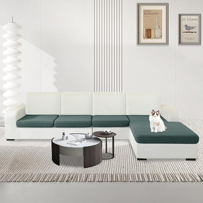 MAXIJIN Waterproof 4 Pieces Couch Cushion Covers for Sectional Sofa Seat Slipcover Stretch Sectional Couch Cover for L Shape Left/Right Chaise with Elastic Bottom (3 Seater + 1 Chaise, Pea Green)
