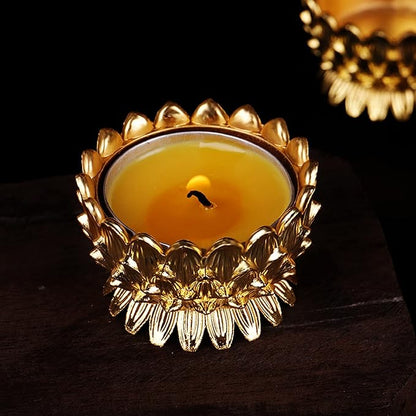 Lotus Flower Votive Tealight Candle Holder,Copper Buddhist Candlestick Holder,Tibetan Buddhist Water Offering Cup,Oil Lamp Holder for Meditation Buddha Altar with 4PCS Floating Canldes (Gold)