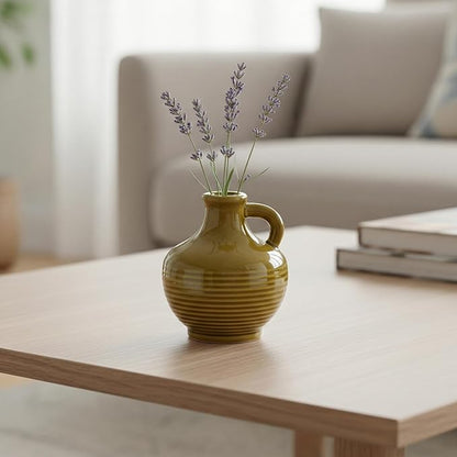 Sunddo Brown Ceramic Vase 6 Inch - Small Rustic Decorative Vase with 1 Handle for Farmhouse Home Decor, Shelf, Bathroom, or Coffee Table