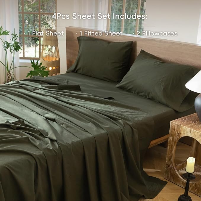 MooMee Bedding Sheet Set 100% Washed Cotton Linen Like Textured Breathable Durable Soft Comfy (Solid Olive Green, Full)