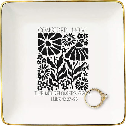 NZY Affirmation Positive Birthday Christmas Gift,Inspirational Christian Scripture Religious Bible Verse Reminder Gift for Women,Wildflowers Grow-Encouragement Jewelry Tray Trinket Holder Ring Dish