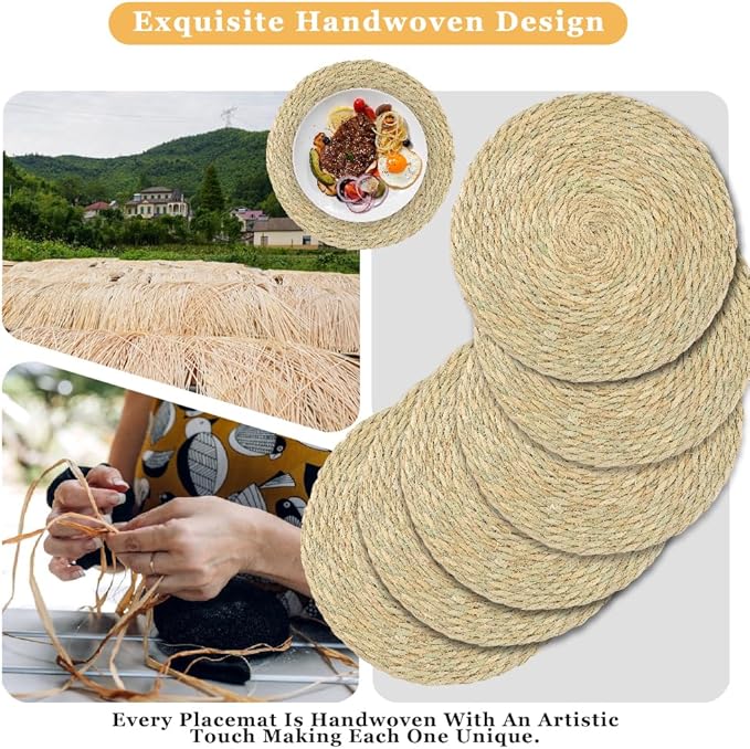 Jute Placemats Set of 6, Jaxbo Natural Boho Table Placemats, Non Slip & Heat Resistant, Individuales Redondos for Dining Table, Wedding, Farmhouse Decor, Christmas(13 inch)