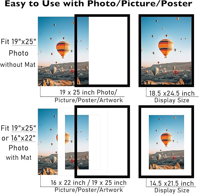 19x25 Picture Frame with 16x22 Mat Set of 2, Display Photo 16x22 with Mat or 19 x 25 Without Mat, Wall Hanging Large 19 by 25 Poster Frame with Plexiglass, 2 Pack, Black