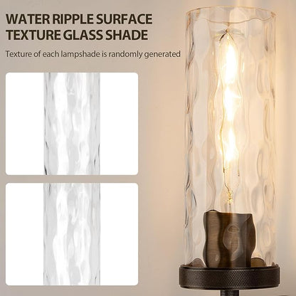 15" Knurled Brass Wall Sconces Set of 2, Bronze Bathroom Vanity Light Fixtures with Water Ripples Glass Tube, Modern Lamp Lighting for Bedroom, Living Room, Hallway, Staircase, Mirror, Kitchen