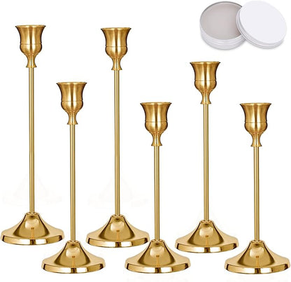 Candlestick Holders, 6 PCS Brass Gold Metal Taper Candle Holder with Adhesive Wax fits 3/4 Inch Long Candles, Vintage Modern Candle Holders for Table Mantel Wedding Housewarming Gift