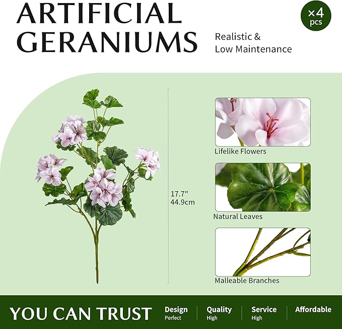 Artificial Flowers for Outdoors 17.7In Artificial Geraniums for Indoor Fake Flowers 4PCS Uv Resistant Artificial Outdoor Flowers for Indoor Home Decor Outdoor Garden Decoration(Pinkish White)