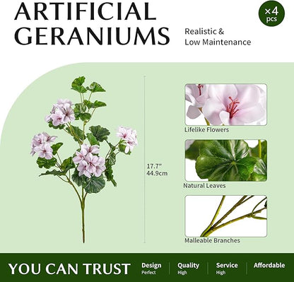 Artificial Flowers for Outdoors 17.7In Artificial Geraniums for Indoor Fake Flowers 4PCS Uv Resistant Artificial Outdoor Flowers for Indoor Home Decor Outdoor Garden Decoration(Pinkish White)