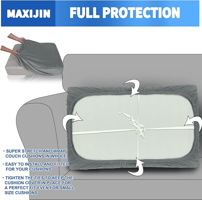 MAXIJIN Velvet Stretch Couch Cushion Covers Soft Sofa Cushion Cover Replacement Sofa Seat Cushion Slipcovers Furniture Protector with Elastic Bottom (1 Piece Sofa Cushion Cover, Light Grey)