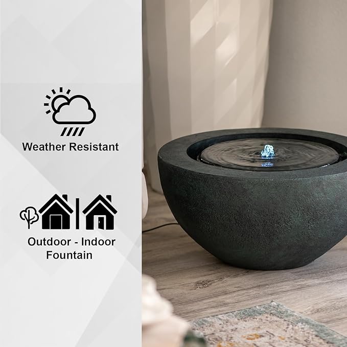Xbrand 19.8" W Round Polyresin Indoor/Outdoor Sphere Fountain w/LED Light, Dark Green