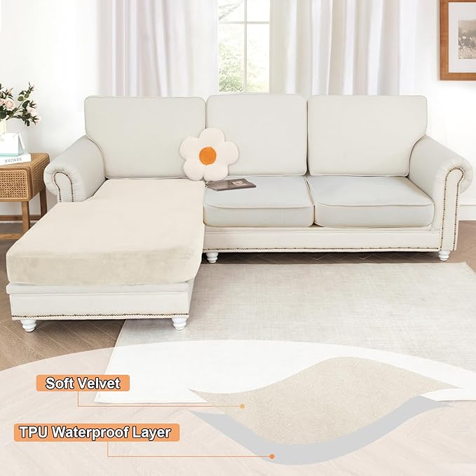 NAISI Waterproof Couch Cushion Covers Thick Velvet Fabric Washable Sofa Slipcovers 1 Piece Individual Sectional Couch Covers with Elastic Bottom(1 PC for Chaise Lounge,Ivory White)
