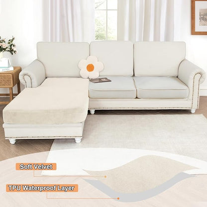 NAISI Waterproof Couch Cushion Covers Thick Velvet Fabric Washable Sofa Slipcovers 1 Piece Individual Sectional Couch Covers with Elastic Bottom(1 PC for Chaise Lounge,Ivory White)