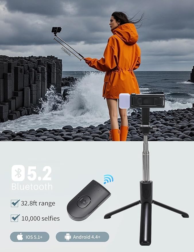 Portable Phone Stand,40 inch Selfie Stick with Remote and Singe Light Compatible for iPhone Android