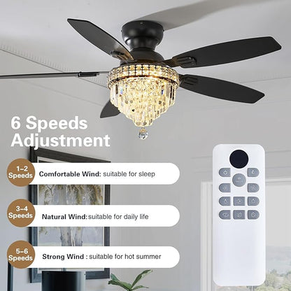 Crystal Ceiling Fan Fandelier with Lights-Ceiling Fans,50" Low Profile and Remote Control, Flush Mount, Reversible, Dimmable, Noiseless,Ceiling Fan for Bedroom（Black）