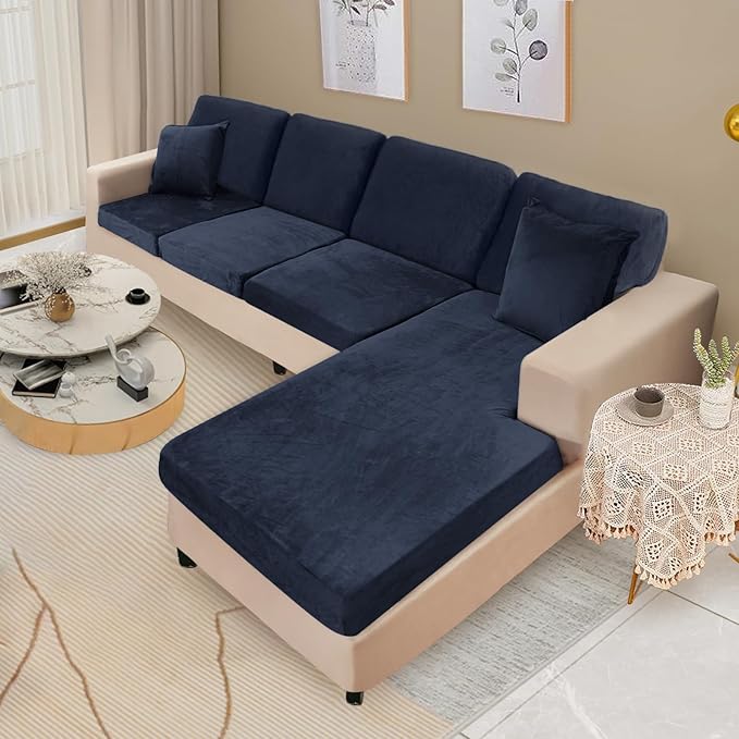 NAISI Sectional Couch Covers 8 Pieces Velvet Couch Cushion Covers L Shape Soft Stretch Sofa Slipcovers with 2pcs Pillowcases for Left/Right Chaise Sectional Couch(3 Seater+1 Chaise+4 Back,Navy)