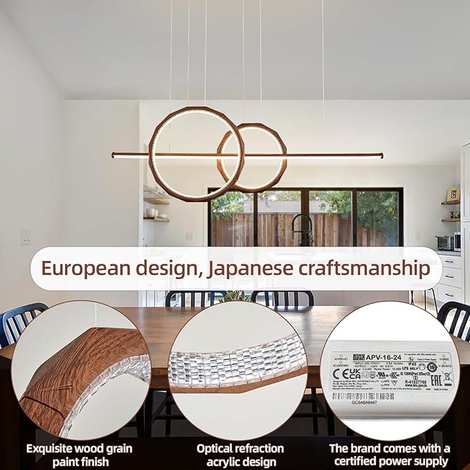 HEYAN 43" Farmhouse Pendant Light in Walnut Wood Finish, Light Fixtures Over Table，Double Multi-Faceted Metal Ring Long Linear Kitchen Island Lighting for Dining Room Table Coffee Bar Counter