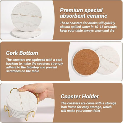 Acejoz Drink Coasters with Holder for Coffee Table, Absorbent Coasters Set of 6, Marble Style Ceramic Coaster for Wooden Table, Suitable for Kinds of Cups, Home Decor, 4 Inches(White)