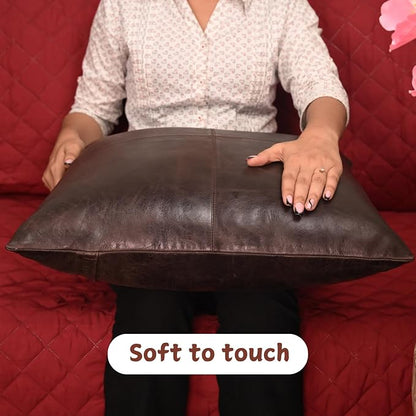Lambskin Leather Pillow Cover - Sofa Cushion Case - Decorative Throw Covers for Living Room & Bedroom, 20x20 Inches - Dark Brown Crunch Plain Pack of 2
