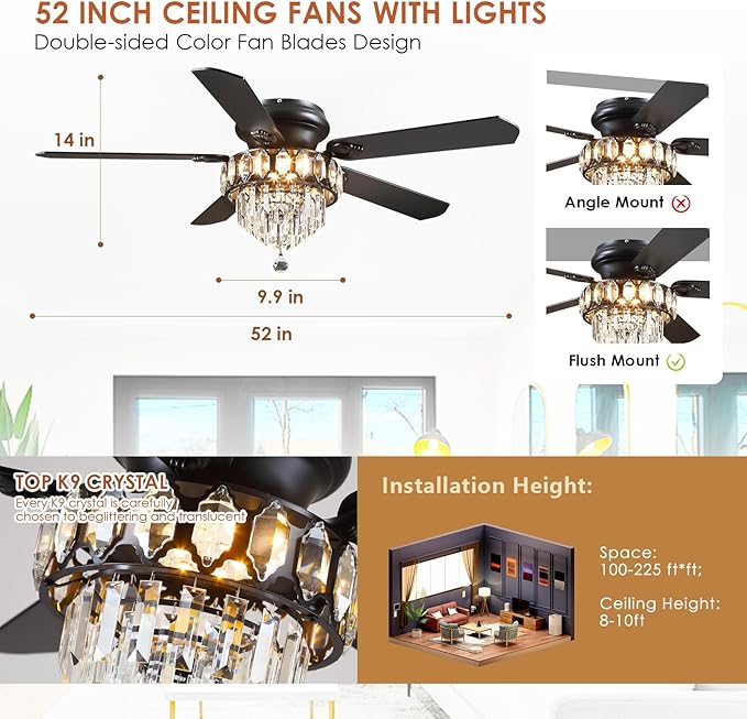 Asyko Crystal Ceiling Fan Fandelier with Lights - 52" Outdoor Fans with Remote Control，Noiseless DC Motor, Retro/Farmhouse Lighting, Dining Room,Living Room