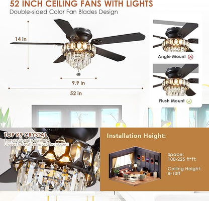 Asyko Crystal Ceiling Fan Fandelier with Lights - 52" Outdoor Fans with Remote Control，Noiseless DC Motor, Retro/Farmhouse Lighting, Dining Room,Living Room