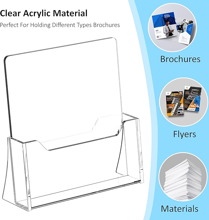 Acrylic Brochure Holder 8.5 x 11 inch 2 Pack, Clear Flyer Holder Plastic Stands for Displaying Pamphlets, Magazines, Literature, Brochures, Booklets, Menu, Desk Holder, Countertop Organizer