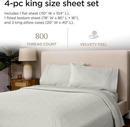Threadmill King Size Sheets for King Mattress | 800 Thread Count Jacquard Celine Light Grey | Better Than Egyptian Cotton | 4 Pc Bed Sheets | Damask Sheet Fits 16'' Deep Pocket | 100% Cotton Sheets