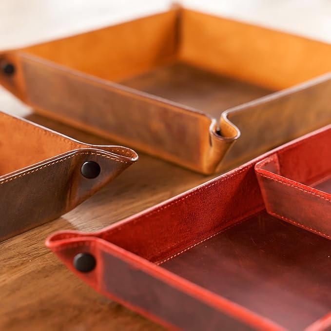 Handmade Leather Catch All Tray and Organizer for Keys, Phones, Jewels, Coins, Square - Small, Light Camel