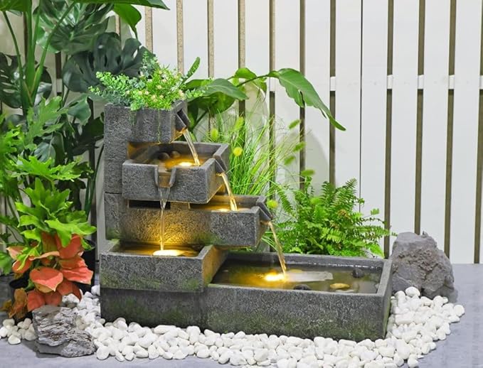 26" H Outdoor Water Fountain with 4 Tiers Cascading Rock Texture Waterfall Fountains with LED Lights Outdoor Water Fountain for Garden Patio Backyard Porch Home Decor