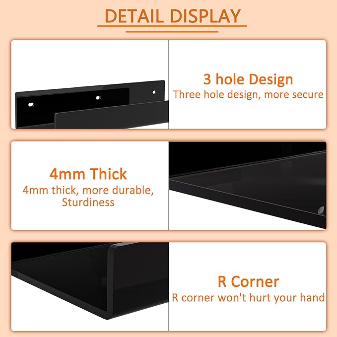 12 Inches Black Acrylic Wall Shelf for Home, 2 Pack, Acrylic Organizer Shelves for Wall, Wall Mounted Storage Display Shelf