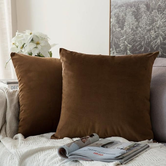 MIULEE Velvet Throw Pillow Covers 18x18 Inch, Pack of 2 - Chocolate, Super Soft Decorative Square Cushion Cases Modern Luxury Home Decor for Sofa,Couch,Bed,Chair