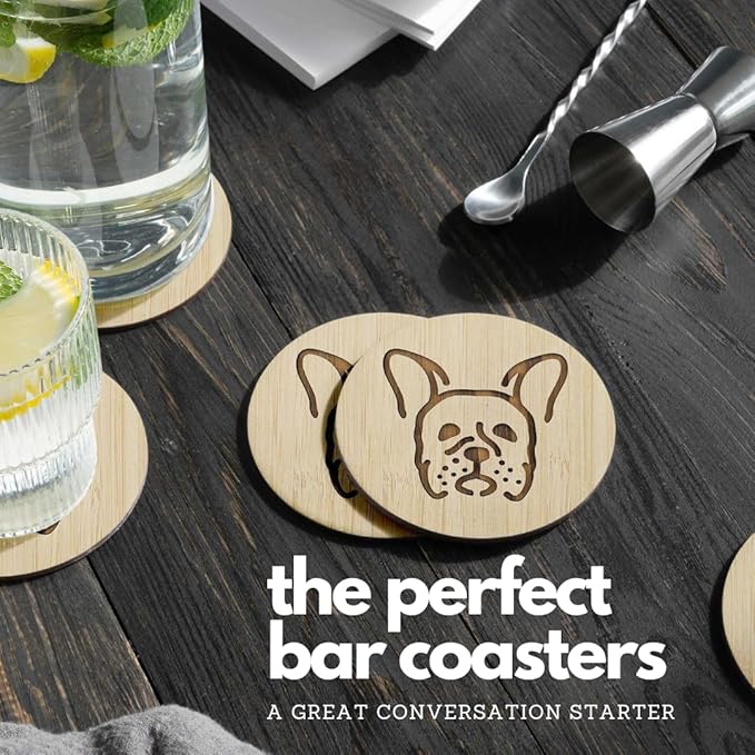 Set of 6 Bamboo Laser-Engraved Fun Dog Coasters with Iron Holder - Gift Packaging 3.9 Inch Non-Stick Absorbent Durable and Unbreakable Wooden Cup Coasters for Dog Lovers (French Bulldog)