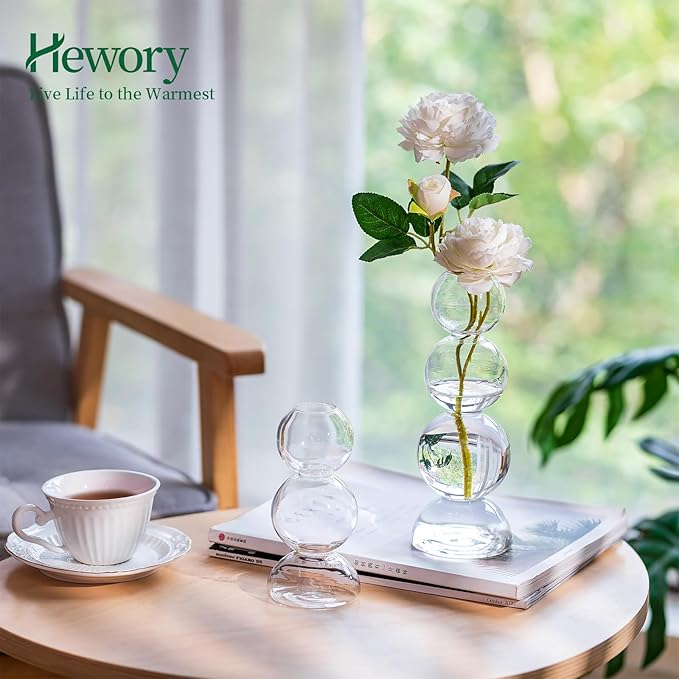 Glass Bubble Vases for Flowers, Hewory 2pcs Clear Unique Cute Single Flower Vase for Centerpieces, Funky Aesthetic Vase Skinny Bud Vase, Cool Groovy Decor for Home Living Room Bedroom Office Tabletop