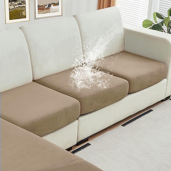 NAISI Waterproof Couch Cushion Covers Thick Velvet Fabric Washable Sofa Slipcovers 3 Pieces Individual Sectional Couch Covers with Elastic Bottom(3 Pcs for 3-Seat or Backrest,Sand)