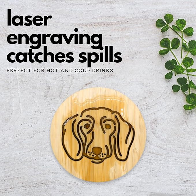 Set of 6 Bamboo Laser-Engraved Fun Dog Coasters with Iron Holder - Gift Packaging 3.9 Inch Non-Stick Absorbent Durable and Unbreakable Wooden Cup Coasters for Dog Lovers (Dachshund)