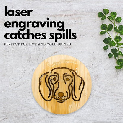 Set of 6 Bamboo Laser-Engraved Fun Dog Coasters with Iron Holder - Gift Packaging 3.9 Inch Non-Stick Absorbent Durable and Unbreakable Wooden Cup Coasters for Dog Lovers (Dachshund)