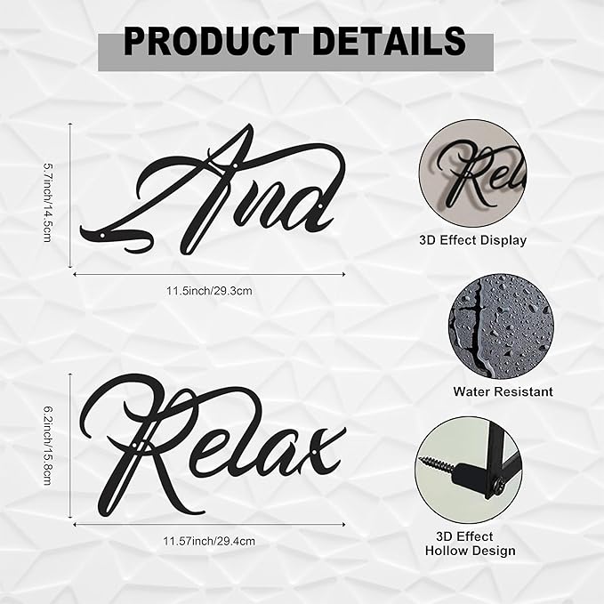 LIYAOLI Black Metal Relaxing Wall Art, And Relax Sign Modern Letter Decor for Bathroom, 3D Words Metal Decorative Sign for Home Living Room Bedroom Zen Room Spa
