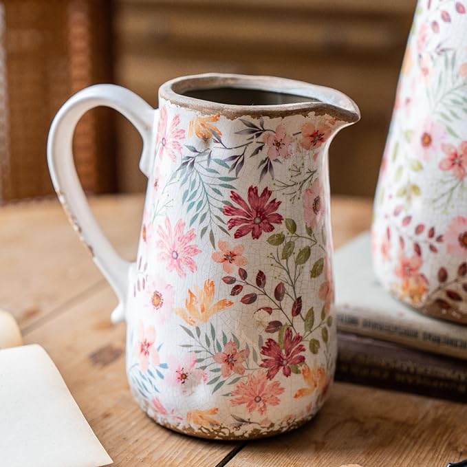 Vintage Colorful Daisy Flora Ceramic Vase with Handle, Retro Ice Glazed Crack Farmhouse Pitcher Vase for Home Decor, Living Room, Shelf, Office, Rustic Table Centerpiece 7 Inch